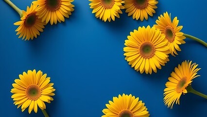 Vibrant yellow gerbera flowers arranged in a circular pattern against a deep blue background, symbolizing joy and energy.