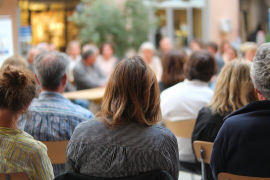 town hall meeting with citizens engaging in discussions democratic process of dialogue. community involvement, open and inviting space, people sitting with their backs towards camera, no faces seen