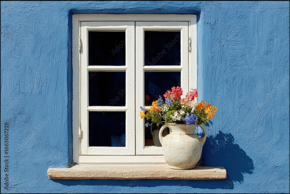 Aufkleber charming window adorned with vibrant flower pot showcasing a beautiful fusion of color against a tex