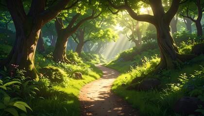 Fototapeta premium Sunlit path through a lush, vibrant forest. Sunlight streams through the canopy, illuminating a winding dirt path. Dense foliage, colorful wildflowers, and mossy rocks line the way