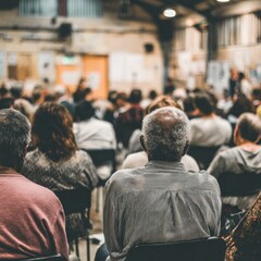 public forum or town hall meeting with citizens engaging in discussions, highlighting the democratic process of dialogue and community involvement, set in an open and inviting space general view.