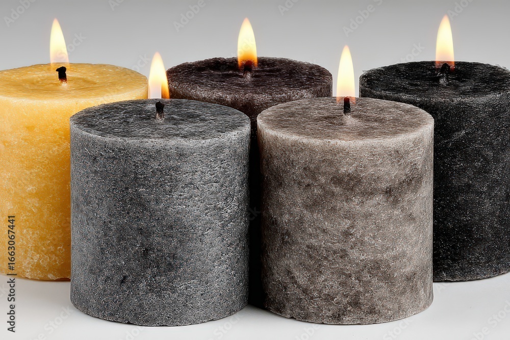 Poster a collection of elegant handcrafted candles showcasing a diverse color palette with flickering flame