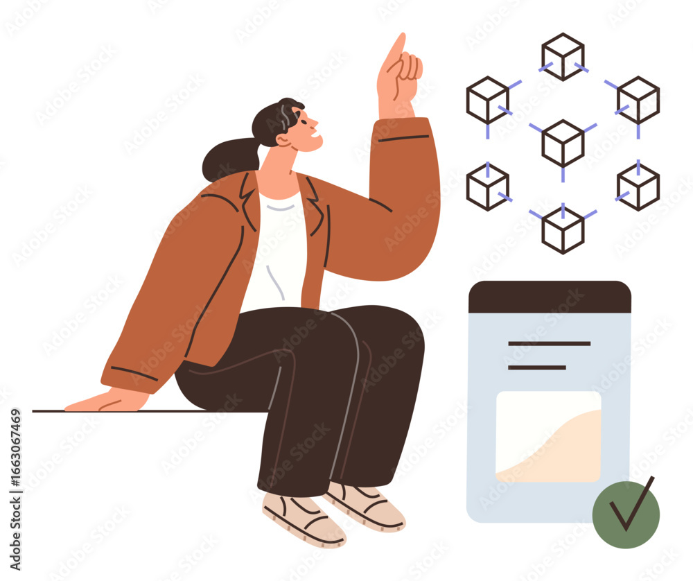 Poster woman pointing at network of cubes symbolizing blockchain near a document with verification checkmar