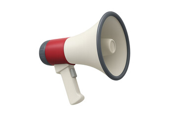 High-resolution photo of a red and white megaphone with grey handle and black mouthpiece, isolated on transparent background PNG