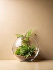 Ferns in a minimalist terrarium on beige wall with greenery