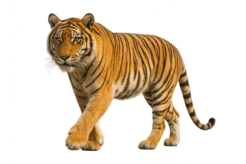 High-resolution photo of a majestic Bengal tiger standing and looking forward with orange fur and black stripes, isolated on transparent background PNG