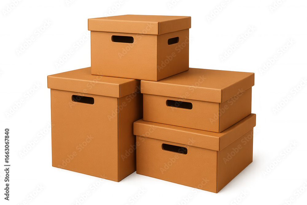 Poster four closed cardboard boxes of different sizes with handles are stacked on a transparent background,