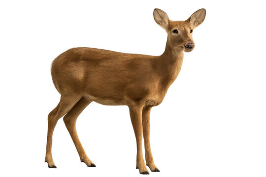 High-quality photo of a graceful brown deer standing in profile view with short antlers, isolated on transparent background PNG