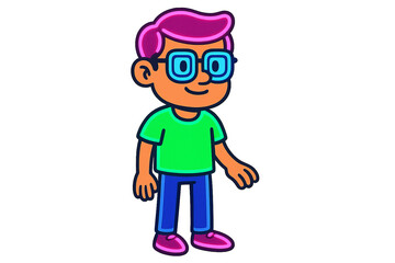 Colorful cartoon boy wearing glasses and casual clothes standing, isolated on transparent background PNG for kids and education design concepts