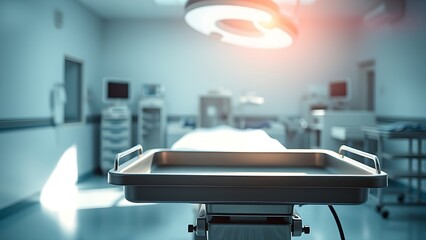 Sterile medical environment with empty surgical tray and dramatic lighting, conveying modern healthcare.