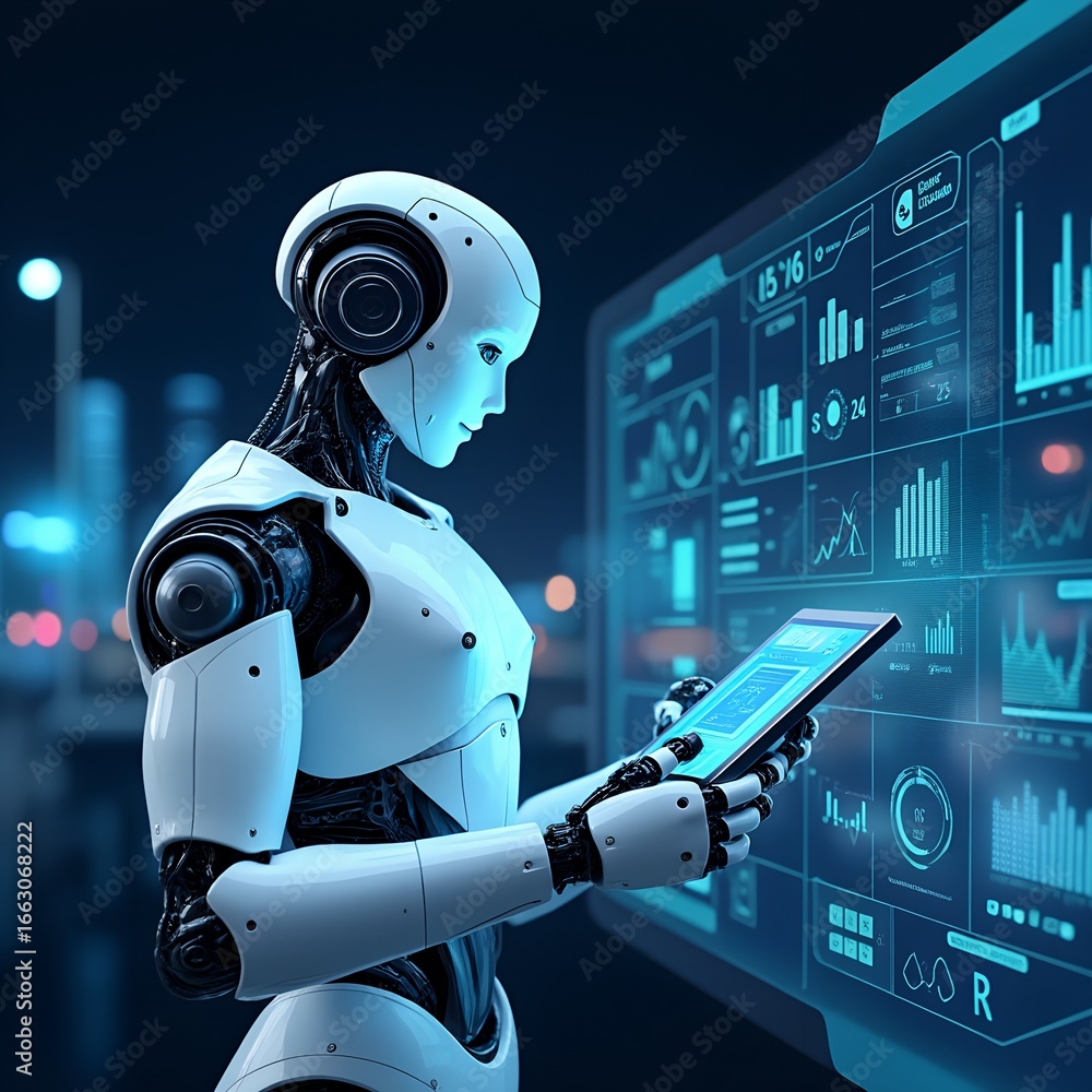 Leinwandbilder futuristic robot analyzing data on a glowing screen, embracing artificial intelligence and advanced 
