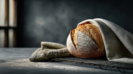 Rustic golden boule bread wrapped in linen towel