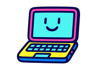 Cute cartoon laptop with smiling face in vibrant colors, isolated on transparent background PNG for technology and computer design concepts