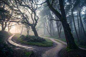 Misty Forest Pathway Curving Through Dense Trees in Morning Light and Foggy Atmosphere