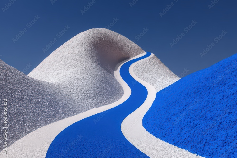 Poster Mesmerizing landscape of abstract hills crafted from white and blue textured materials creating an enchanting visual pathway leading to the horizon evoking endless exploration and imaginative