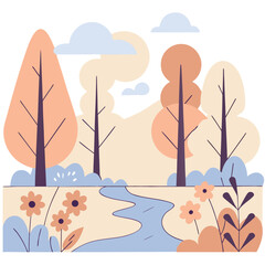 A nature scene with a river in the forest, vector art illustration