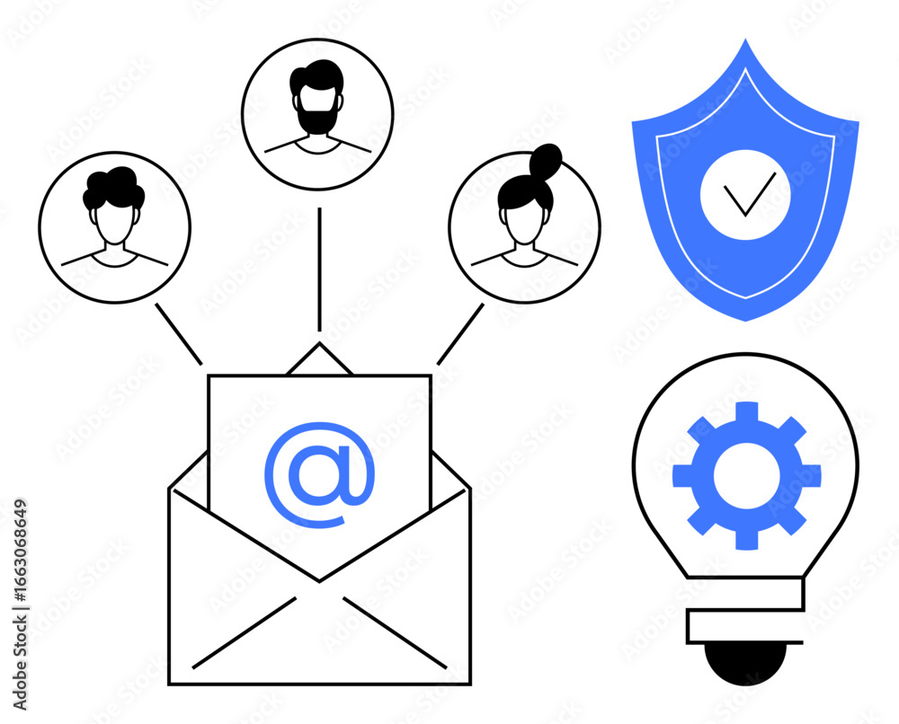 Poster open envelope with mail icon connected to three user profiles, alongside a shield with a checkmark a