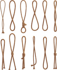 Vector illustration of rope loops and knots collection in different styles, representing survival, camping, climbing, sailing, binding, cord, and nautical design