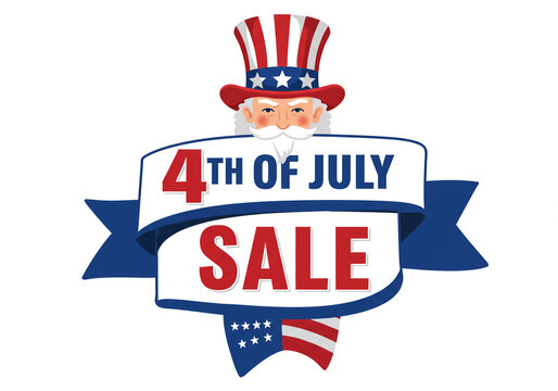 Fourth of july sale banner with uncle sam hat and american flag graphic on a white background - Powered by Adobe