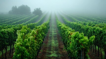 Obraz premium Misty vineyard rows