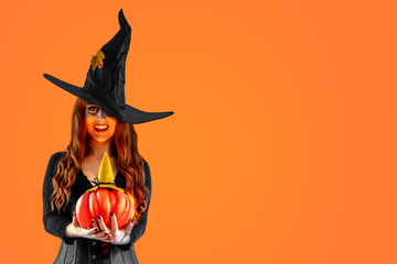 Witch on Halloween. Female wizard fairy character for All Saints' Day. Fantasy gothic red-haired...