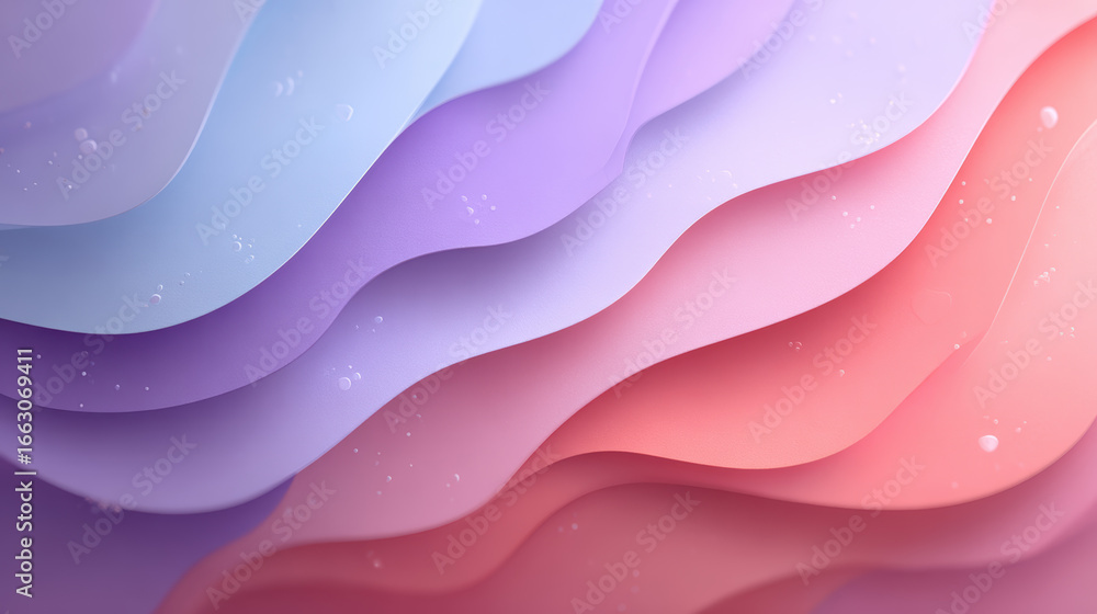 Poster abstract pastel layers background with wavy shapes and subtle bubbles, soft gradient from blue to pi