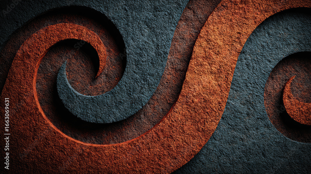 Poster abstract stone texture background with interlocking spirals in copper and slate gray, featuring roug