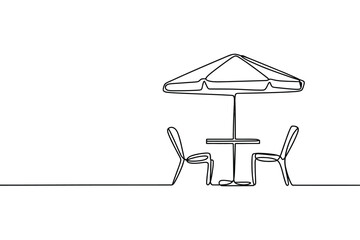 Minimalist single line drawing of an outdoor cafe table with chairs and umbrella