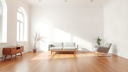 Fototapeta premium Minimalist living room with clean white walls and warm wood flooring, featuring mid-century modern furniture and soft natural light.
