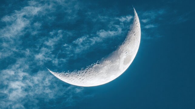 Crescent moon against blue sky with wispy clouds in daylight