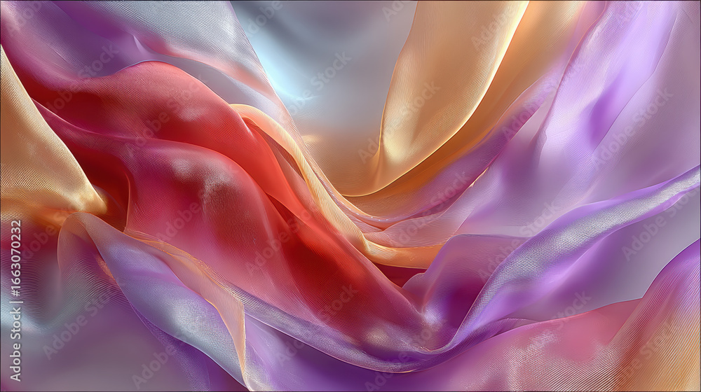 Poster abstract background with flowing fabric in shades of red, orange, and purple, creating a soft and dr