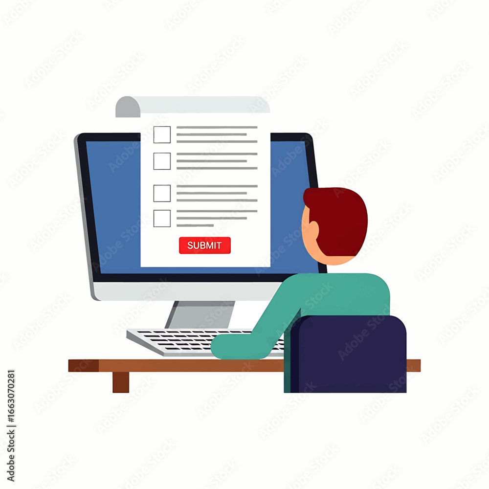 Poster man filling out an online form on a computer.