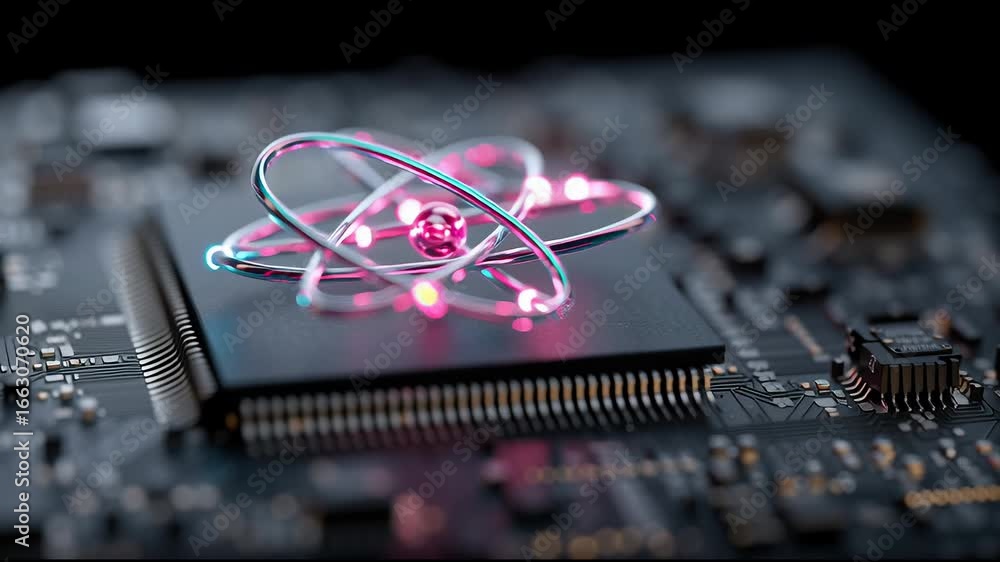 Poster exploring quantum technology with a vibrant atomic model on a microchip