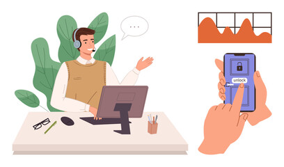 Customer service agent conversing at desk with headset, surrounded by data graphics, mobile unlocking scene with fingerprint scan. Ideal for technology, customer support, communication, security