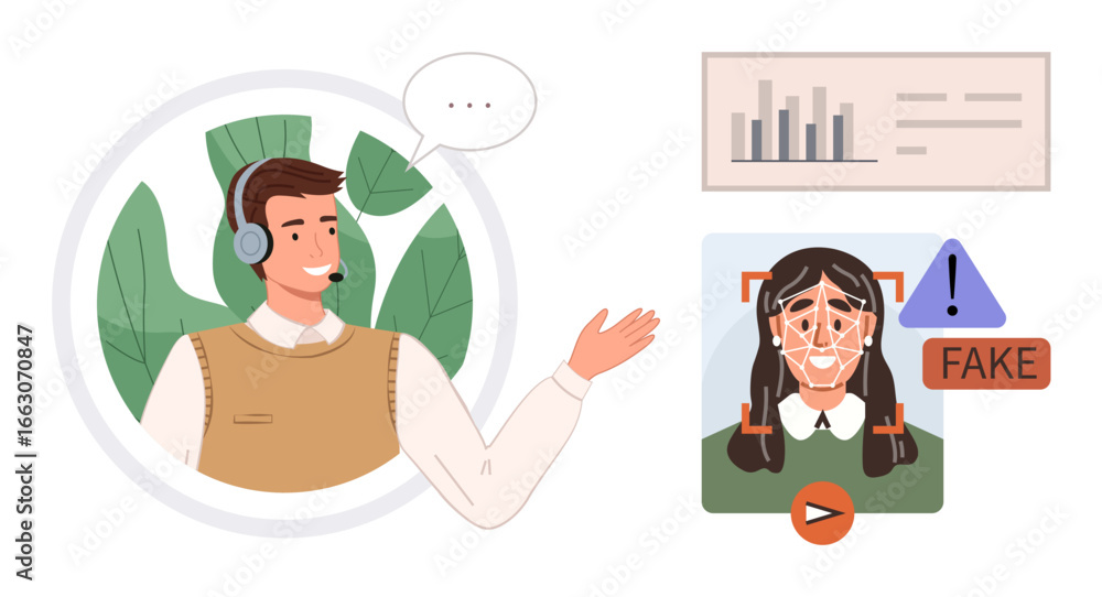 Aufkleber customer support agent in headset explaining deepfake detection using face recognition ai, charts, a