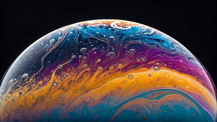 A colorful bubble with swirling patterns of blue purple orange and yellow on black