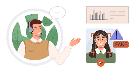 Customer support agent in headset explaining deepfake detection using face recognition AI, charts, and a flagged fake image. Ideal for tech, fraud prevention, security, education, tutorials