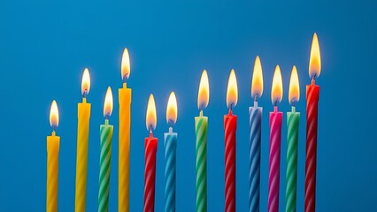Vibrant candles glowing against a blue backdrop, creating a festive and celebratory atmosphere.
