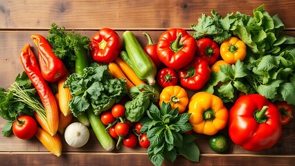 Colorful assortment of fresh vegetables arranged on a rustic wooden counter, bathed in natural sunlight with rich textures.