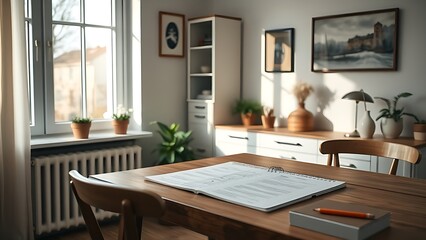 Peaceful home scene with open planner on table, bathed in soft daylight and warm domestic ambiance.