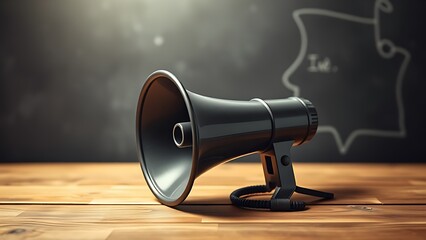 Close-up of a megaphone on wood with blackboard, symbolizing communication and ideas.