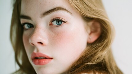 Close-up portraits of women with medium-length hair, soft pink lips, radiant ochre complexion; Highlight facial details, emphasizing natural beauty and subtle makeup features.