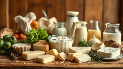 Assortment of fresh dairy products on a wooden table with warm overhead lighting.