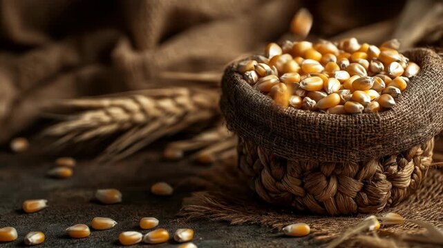 A woven basket overflowing with golden kernels of corn sits on burlap. Kernels are scattered around the base, near wheat stalks