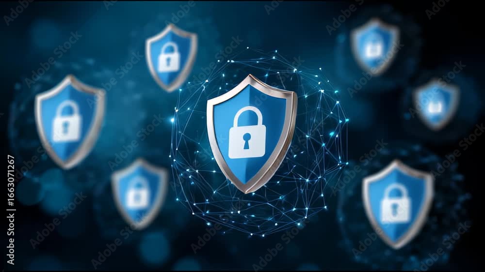 Poster digital security shield and lock icons with floating blue shield symbols and network connections rep
