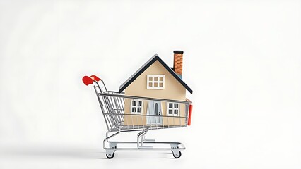 Miniature house model in a shopping cart, symbolizing the concept of home buying.