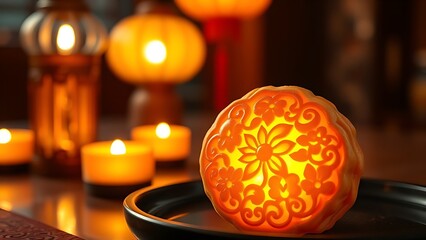 A golden mooncake adorned with intricate floral designs, glowing warmly against a backdrop of soft lantern light.