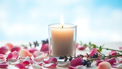 A solitary white candle burning amidst rose petals and lavender, casting a tranquil glow against a soft blue backdrop.