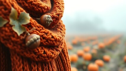 Burnt orange knitted scarf with acorn details, set against a misty pumpkin patch backdrop.