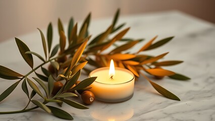 Glowing peace candle surrounded by olive leaves, a serene symbol for International Day of Peace.